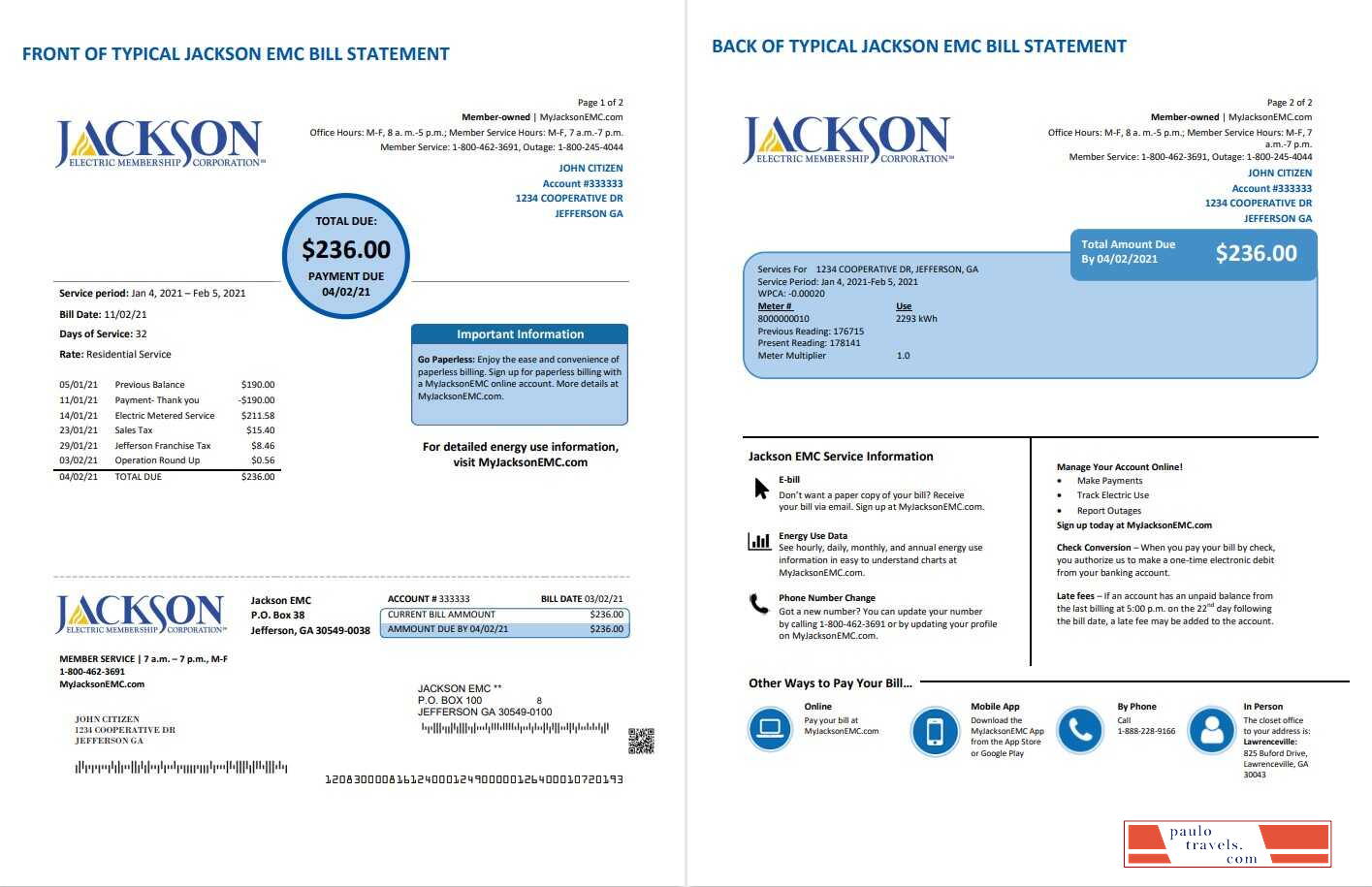 USA Georgia JACKSON EMC utility bill template in Word and PDF format (2 pages)